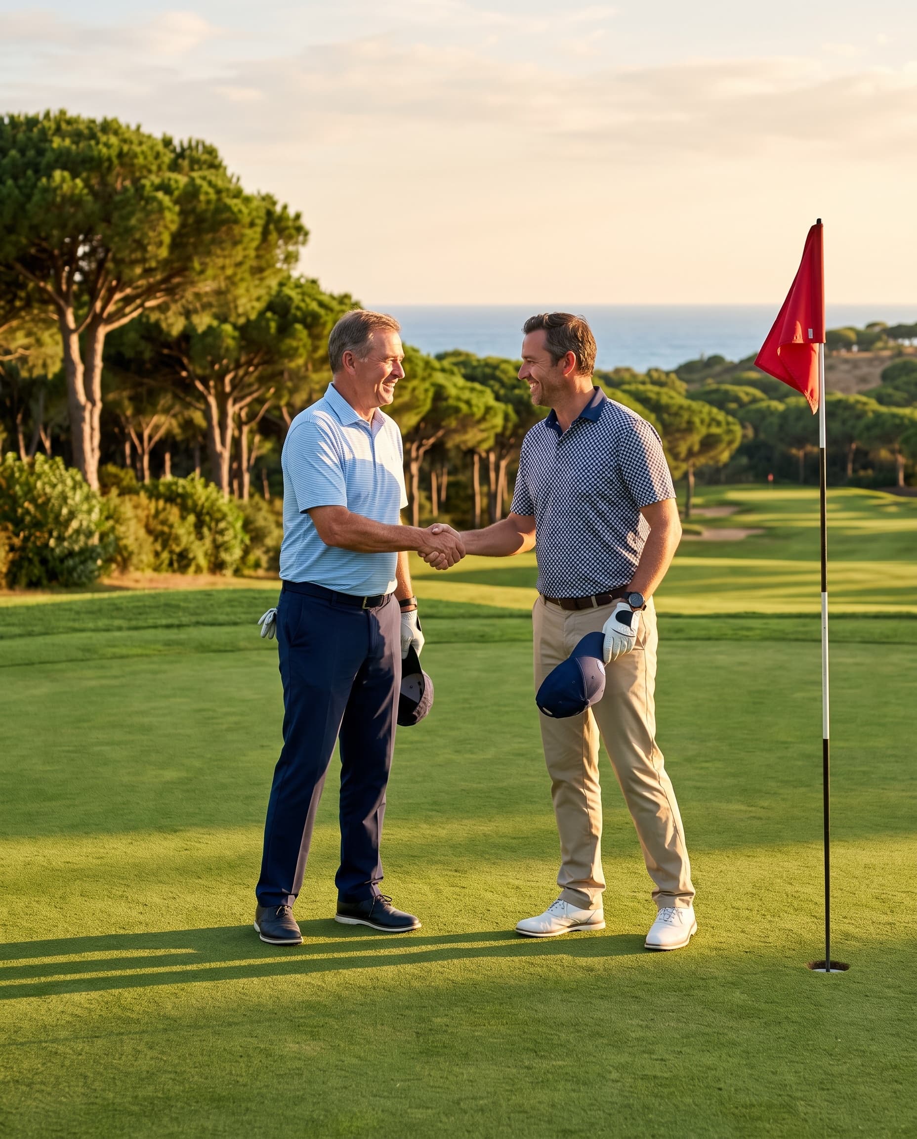 Two playing partners shaking hands on the green after the round