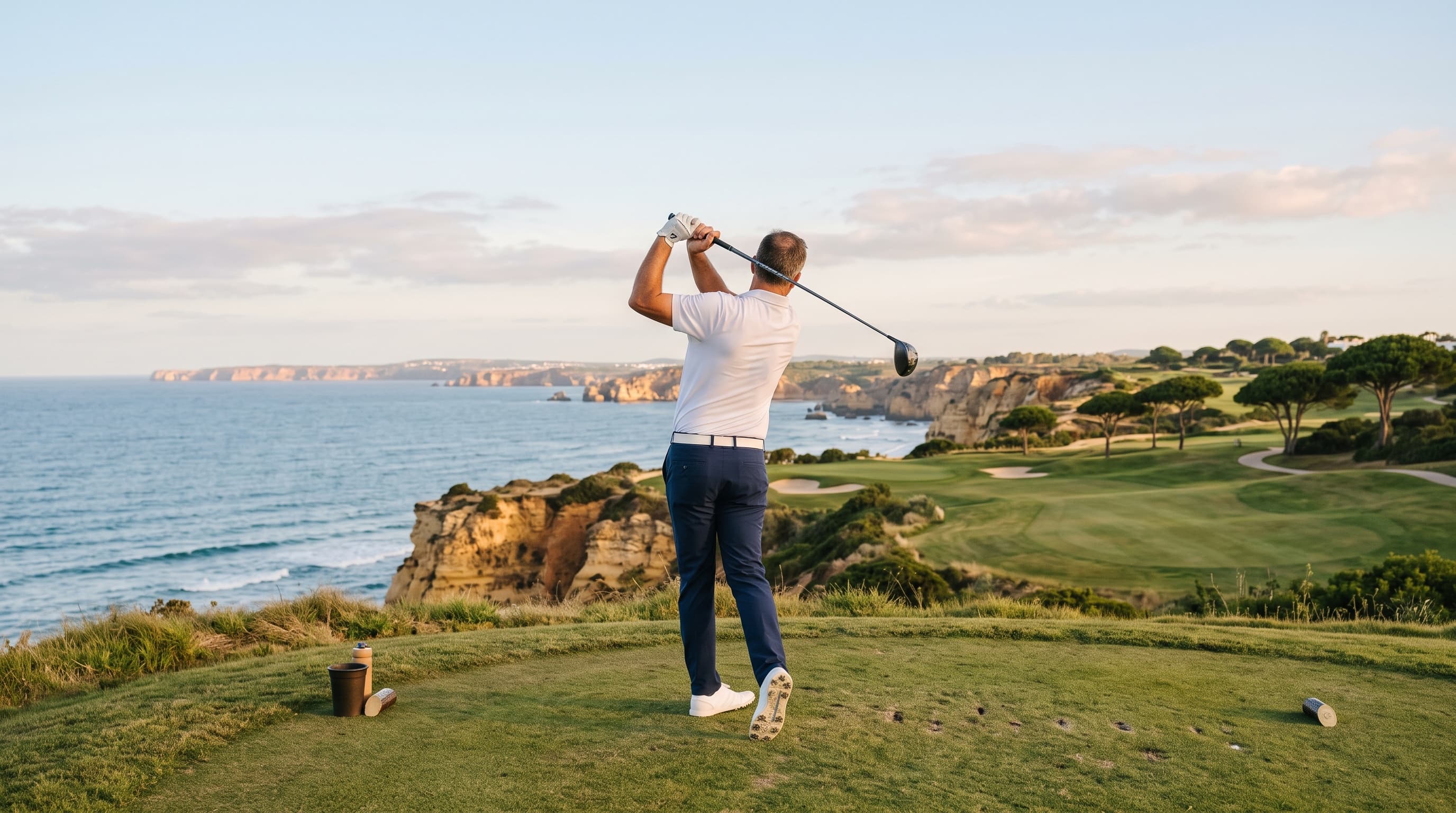 A golfer finishing his swing on a clifftop tee in the Algarve, the Atlantic behind